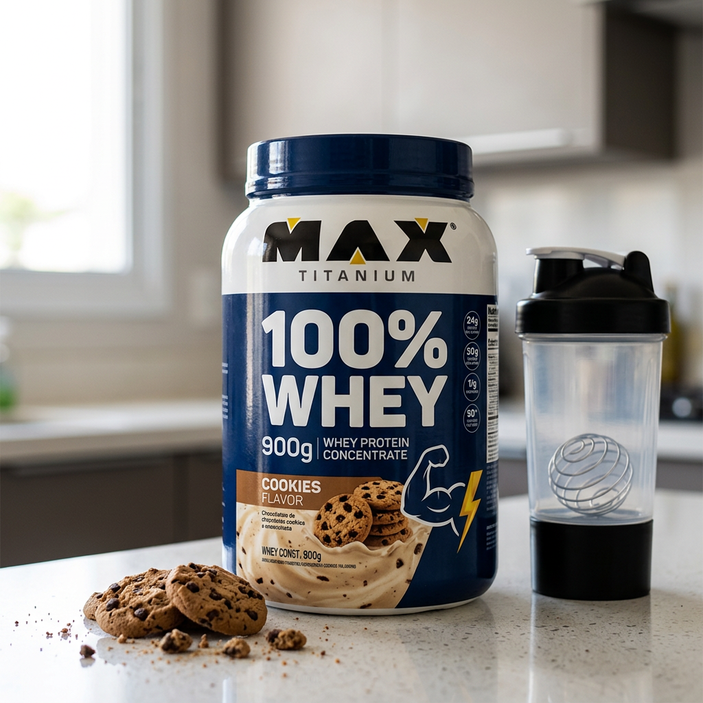 Container of MAX Titanium 100% Whey protein concentrate cookies flavor with chocolate chip cookies and a shaker bottle