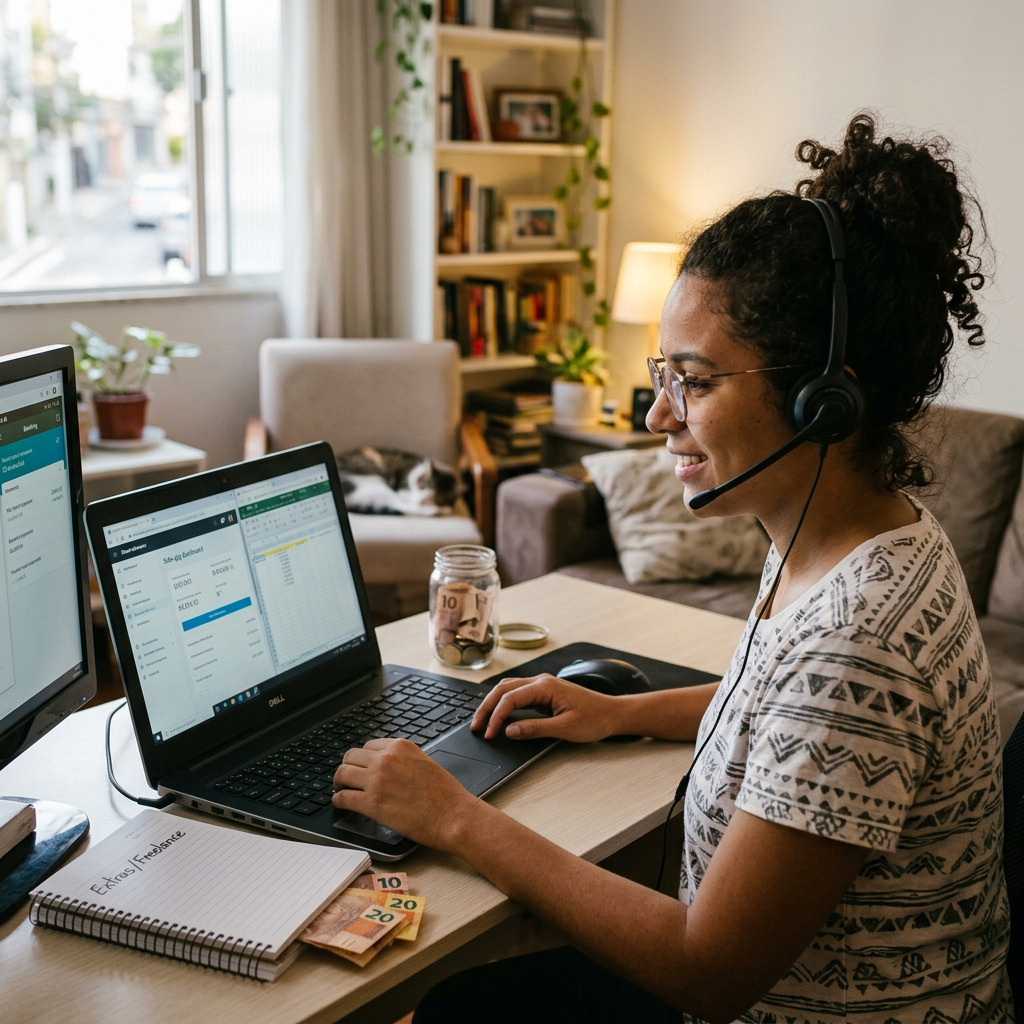 Woman working on laptop with headset, financial spreadsheets on screen
