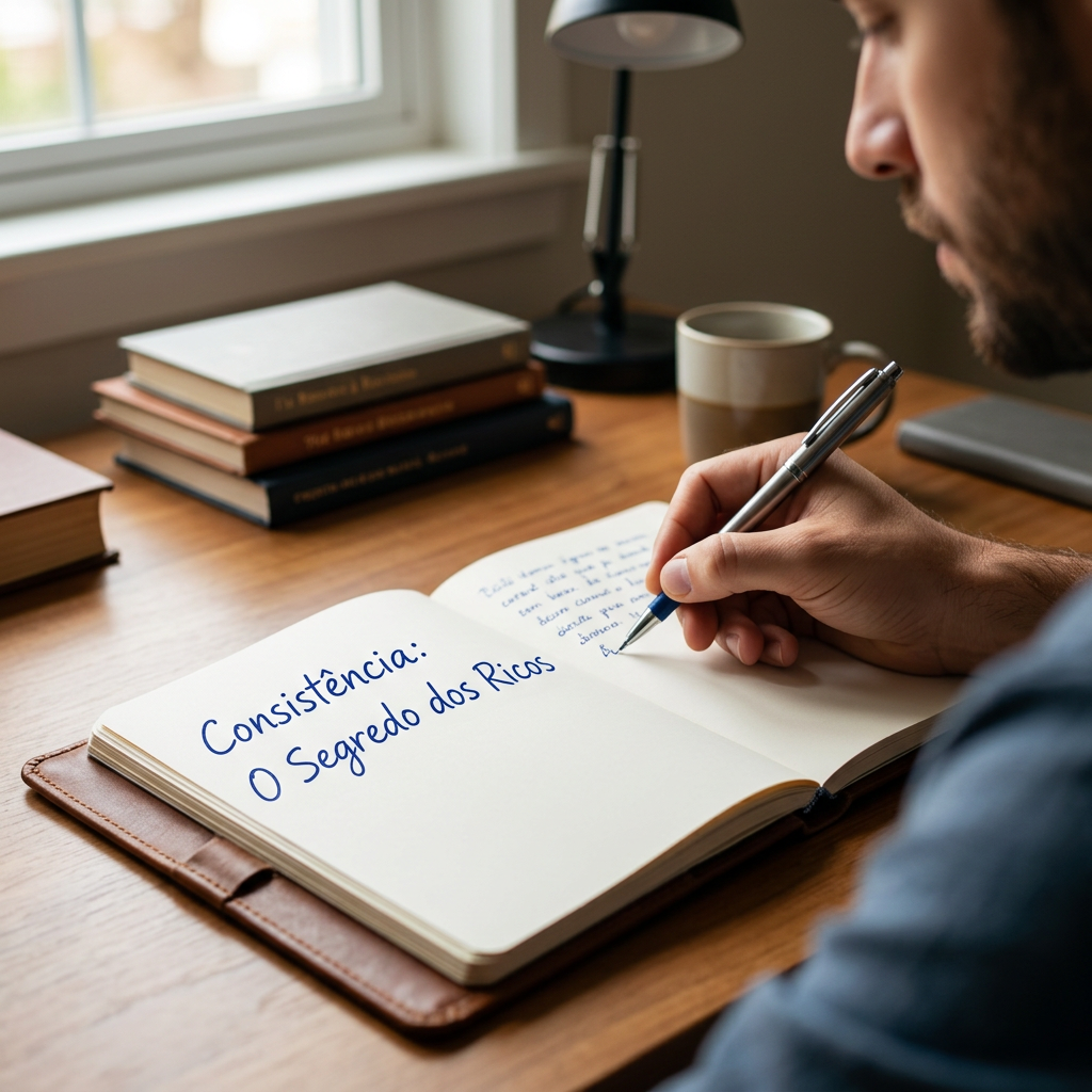 Man writing in a journal with the title 'Consistência: O Segredo dos Ricos'